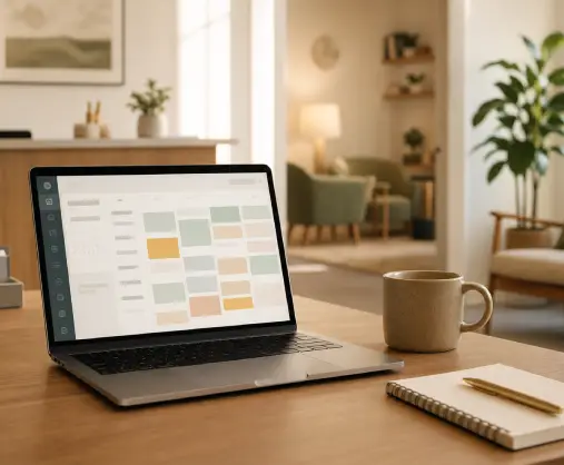 Laptop showing a scheduling interface in a calm clinic workspace